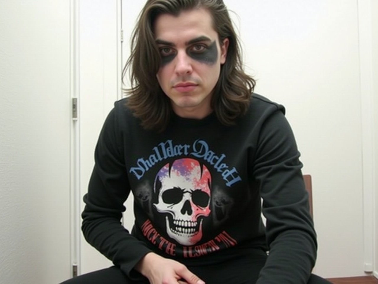 A person is sitting in a room with white walls, wearing a black long-sleeve shirt featuring a colorful skull design. They have medium-length hair and an expressionless face. The setting is simple and minimalistic, with no additional decorations. The person has black metal face paint adding an edgy and intense vibe to their appearance. Their posture is slightly slouched, and they are looking directly at the camera. The shirt's graphic stands out against the plain background, creating a striking contrast.