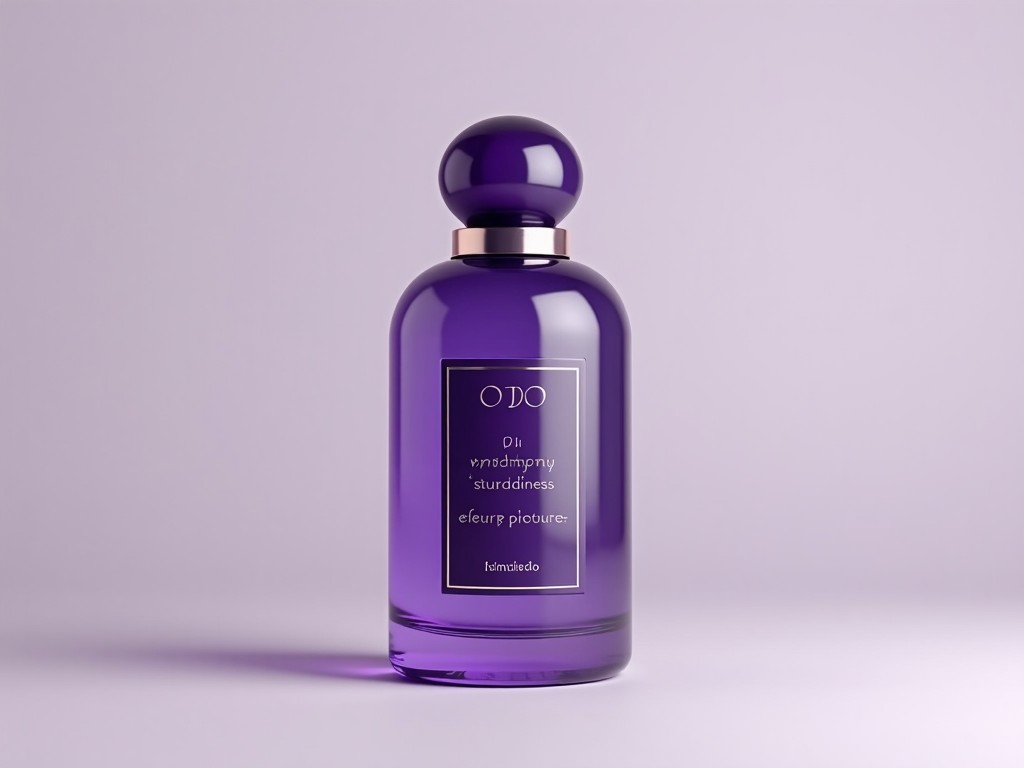 The image shows a luxurious perfume bottle designed in a sleek purple hue. The bottle features an elegant round cap and a minimalistic label with refined typography. Soft lighting enhances the bottle's glossy finish, giving it an exquisite look. Positioned on a smooth, light-colored background, the focus is entirely on the bottle, emphasizing its stylish design. This image would attract lovers of high-end beauty products and perfumes.