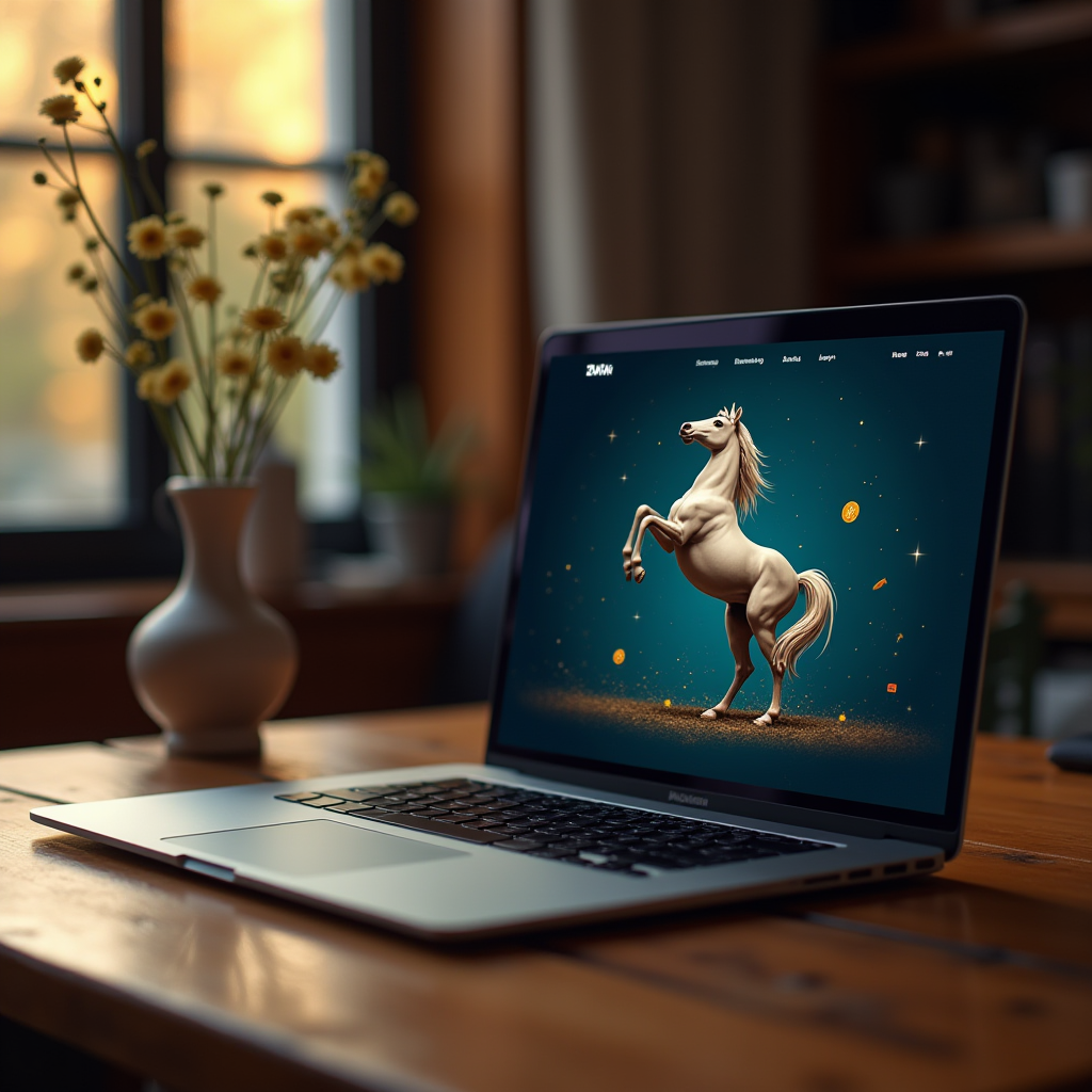 A laptop on a wooden table displaying a digital artwork of a rearing horse amidst stars and coins.