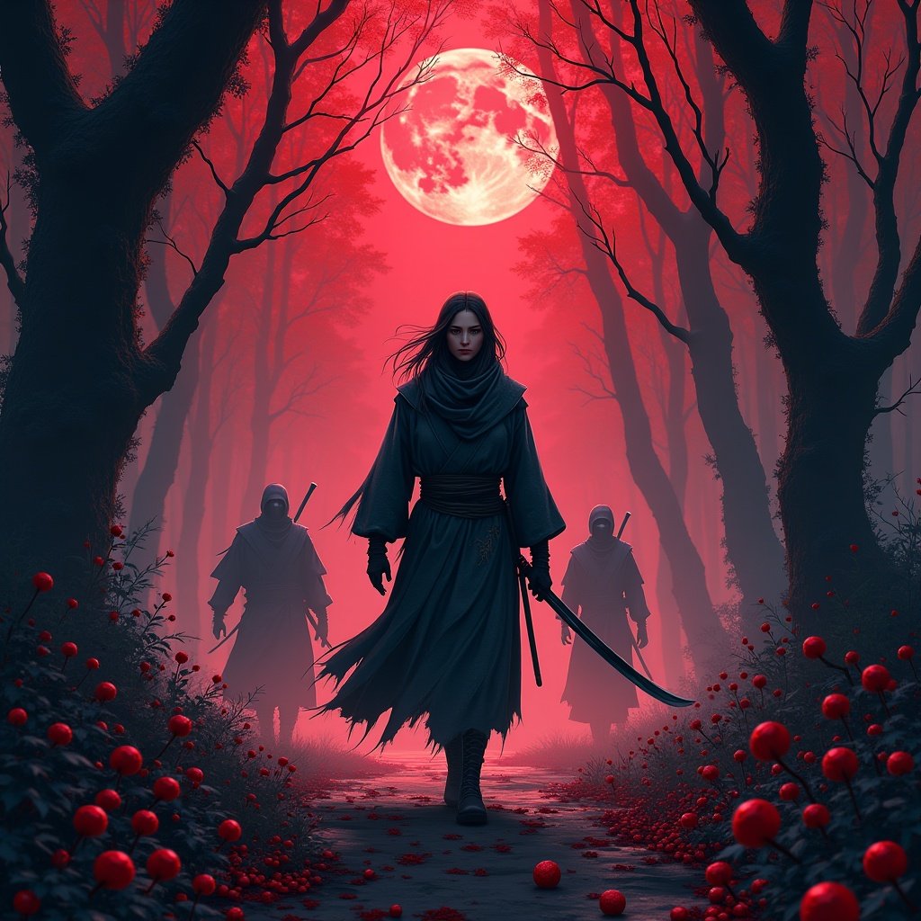 The image depicts a lone hero bravely walking through a mysterious crimson forest at twilight. The vibrant red cranberries glow faintly around them, while a full crimson moon hangs above, casting an eerie light. The hero is calm but prepared, holding a beautifully designed katana. In the shadows, ninjas emerge stealthily, ready for an ambush, complementing the drama of the scene. The atmosphere is thick with mist, enhancing the surreal quality of the forest. This tension-filled moment captures the essence of a showdown about to unfold.