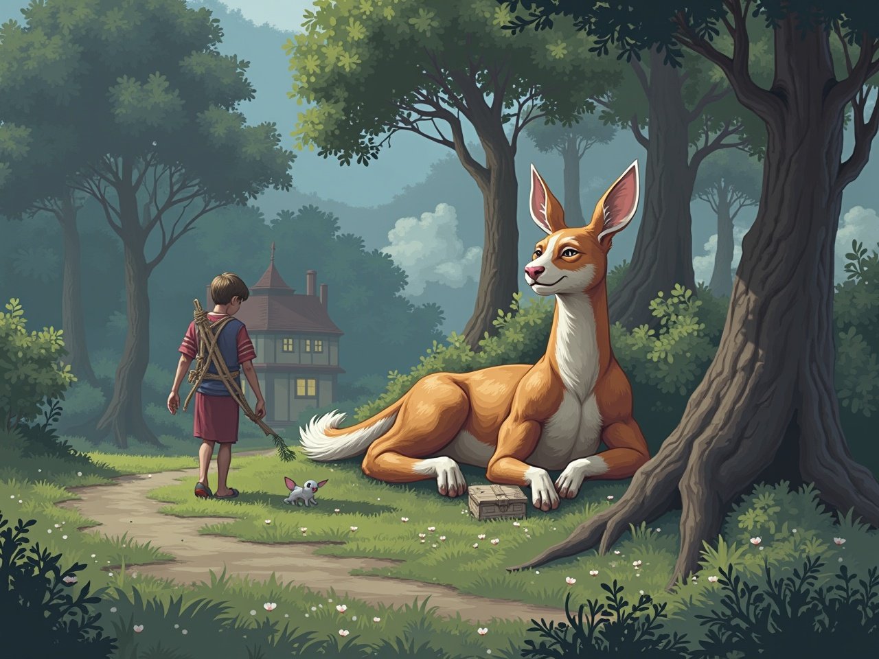 A young boy stands on a path in a lush forest, gazing at a large, friendly-looking anthropomorphic deer-like creature resting nearby. The creature has large ears and a gentle expression, complementing the serene forest ambiance. A small white rabbit is sitting at the boy’s feet, adding a sense of companionship. In the background, a charming house is visible through the trees, hinting at a storybook setting. Soft sunlight filters through the leaves, creating a magical atmosphere. This illustration captures a mood of adventure and wonder.