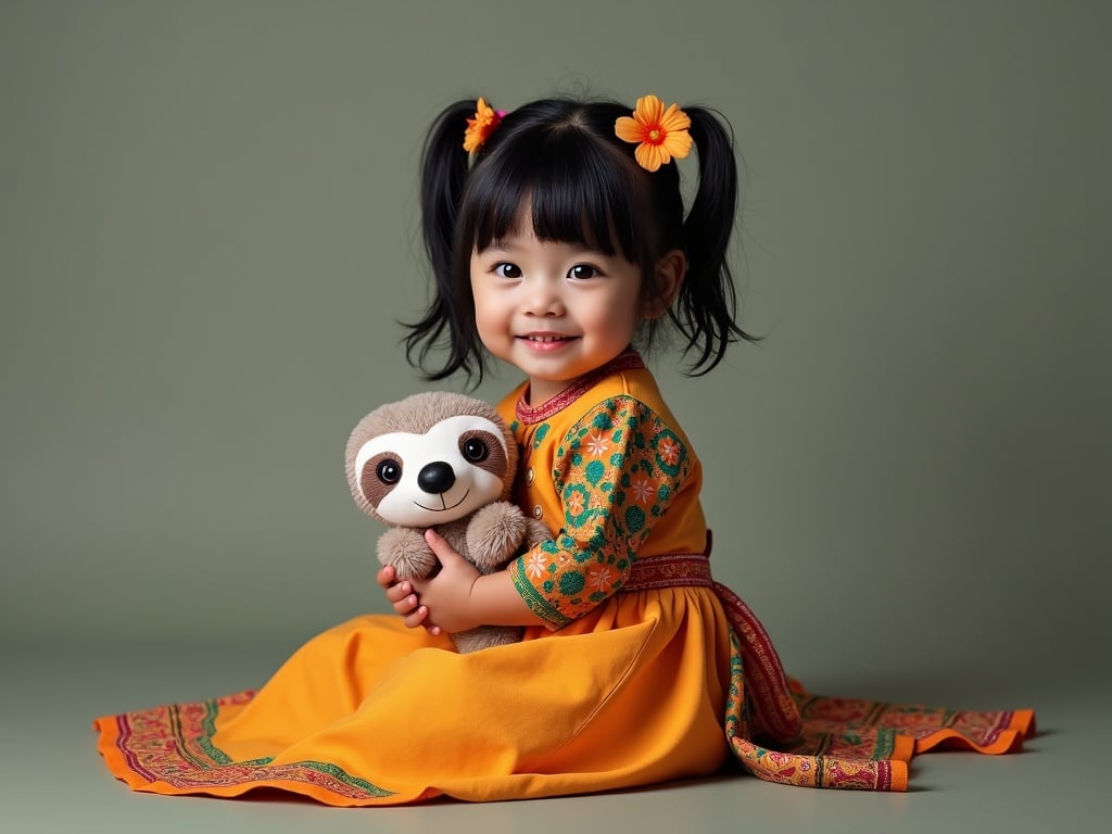 The image shows a young girl with black hair in a colorful outfit, sitting with her back facing the viewer. She has a flower in her hair and is wearing a traditional dress featuring a belt. Her hands are around a cute stuffed creature shaped like a sloth. The background is a muted color, enhancing the vibrancy of her attire. The girl appears playful and cheerful, radiating a sense of innocence.