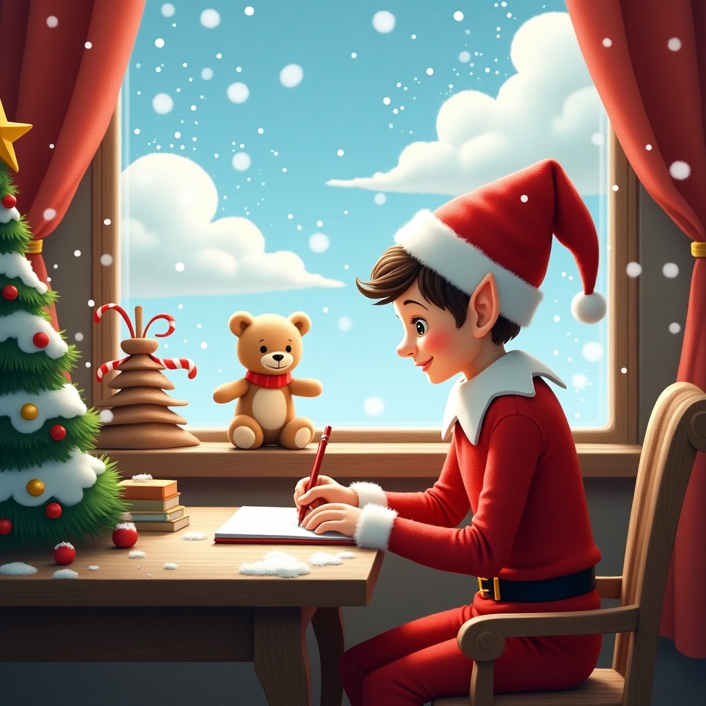 A cheerful elf sits at a cozy desk decorated for Christmas. He is intently focused on writing in a notebook, with a cute teddy bear observing him from the table. The window shows fluffy white clouds against a bright blue sky, adding a magical touch. The elf wears a classic red outfit with a pointy hat, perfect for the festive atmosphere. Snowflakes gently fall outside, enhancing the wintery charm of the scene.