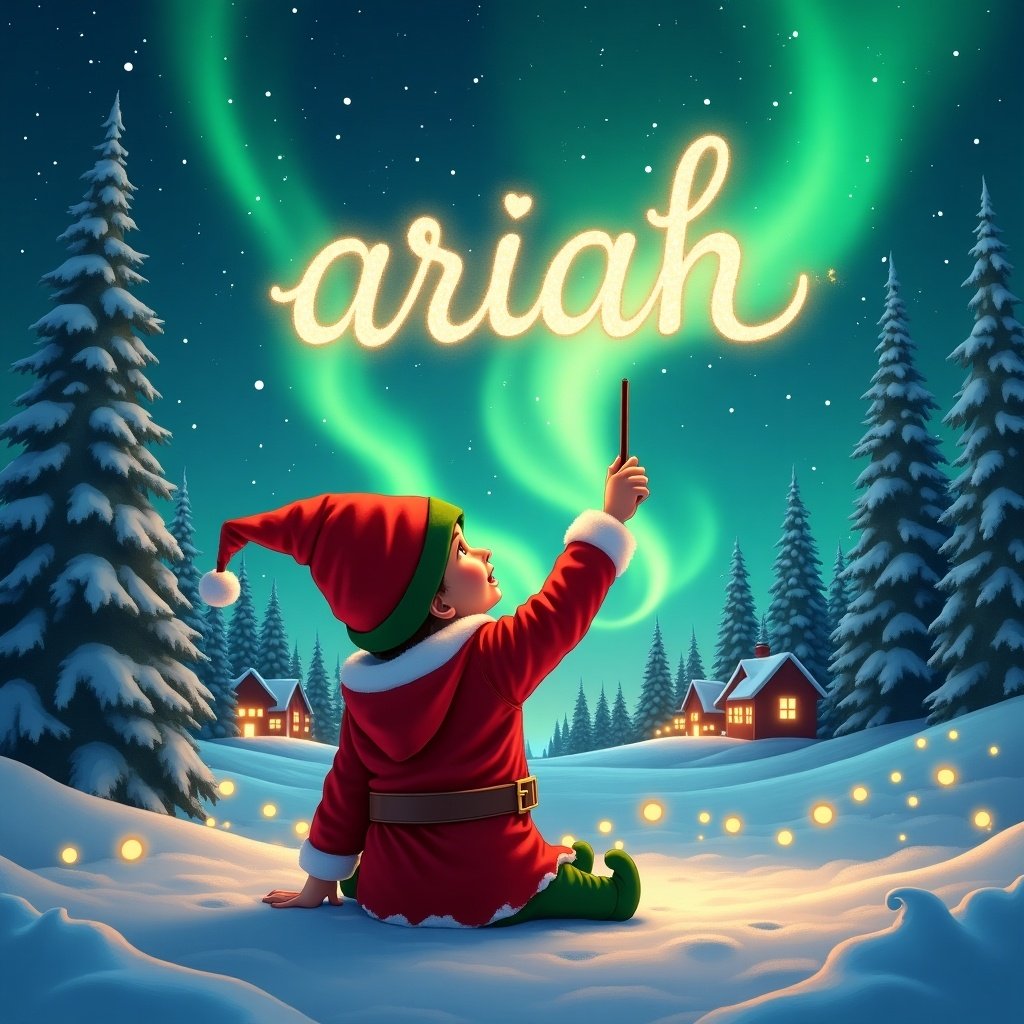 The scene portrays a young child dressed in a vibrant elf costume, sitting with their back turned to the viewer. With a wand in hand, the child gazes upward, conjuring the name 'ariah' in a whimsical, glowing script. Above them, the mesmerizing northern lights dance in brilliant shades of green, illuminating a peaceful winter landscape filled with snow-covered trees. Soft twinkling lights in the foreground enhance the cozy, festive feel of the moment. This enchanting atmosphere evokes the joy and magic of the holiday season.