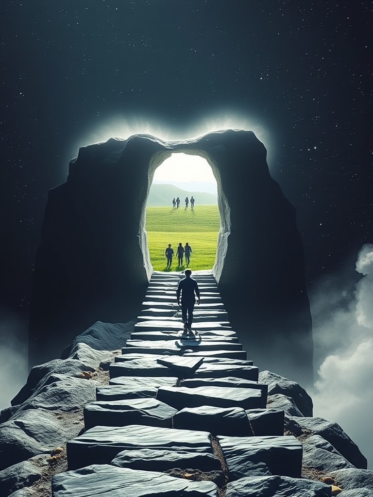 This image depicts a stone pathway leading through a massive rocky archway, opening into a bright and serene landscape beyond. The scene is dramatic, with a lone figure walking towards a luminescent green field where groups of people are visible in the distance. The contrast between the dark, starry sky and the illuminated landscape creates a sense of mystery and curiosity, as if entering a new world.