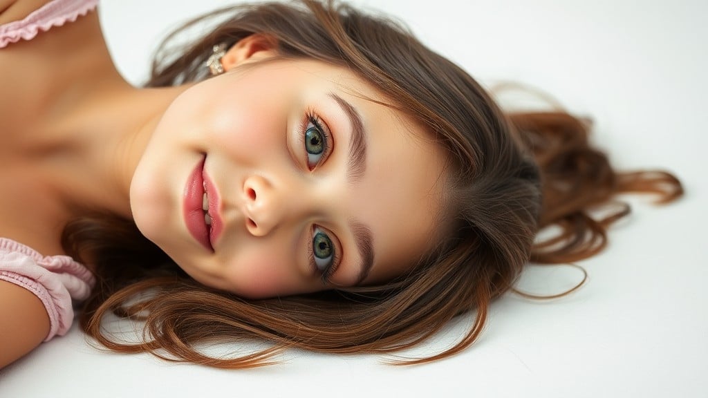 A close-up of a young woman lying down with soft lighting highlighting her features.