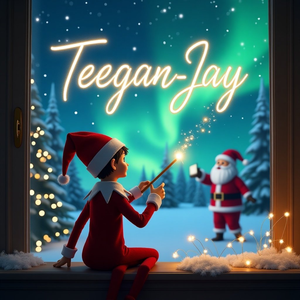 An elf on the shelf sits with its back to the viewer, gazing at the enchanting night sky. The elf is elegantly writing the name 'Teegan-Jay' in the air using a magical wand. The backdrop is a whimsical Christmas scene filled with snow-covered trees and spectacular northern lights. In the distance, Santa Claus can be seen, also partaking in the holiday magic. The atmosphere is filled with a sense of wonder and cheer, embodying the essence of the festive season.