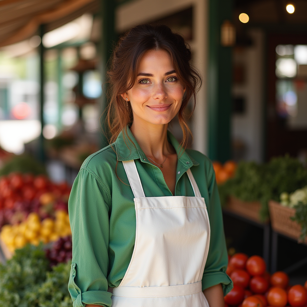 A smiling vendor in a green shirt and white apron stands at an outdoor market stall surrounded by fresh produce.