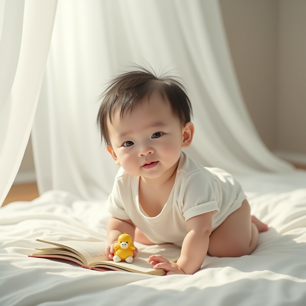 A baby on a bed explores a book, playing with a small yellow toy.