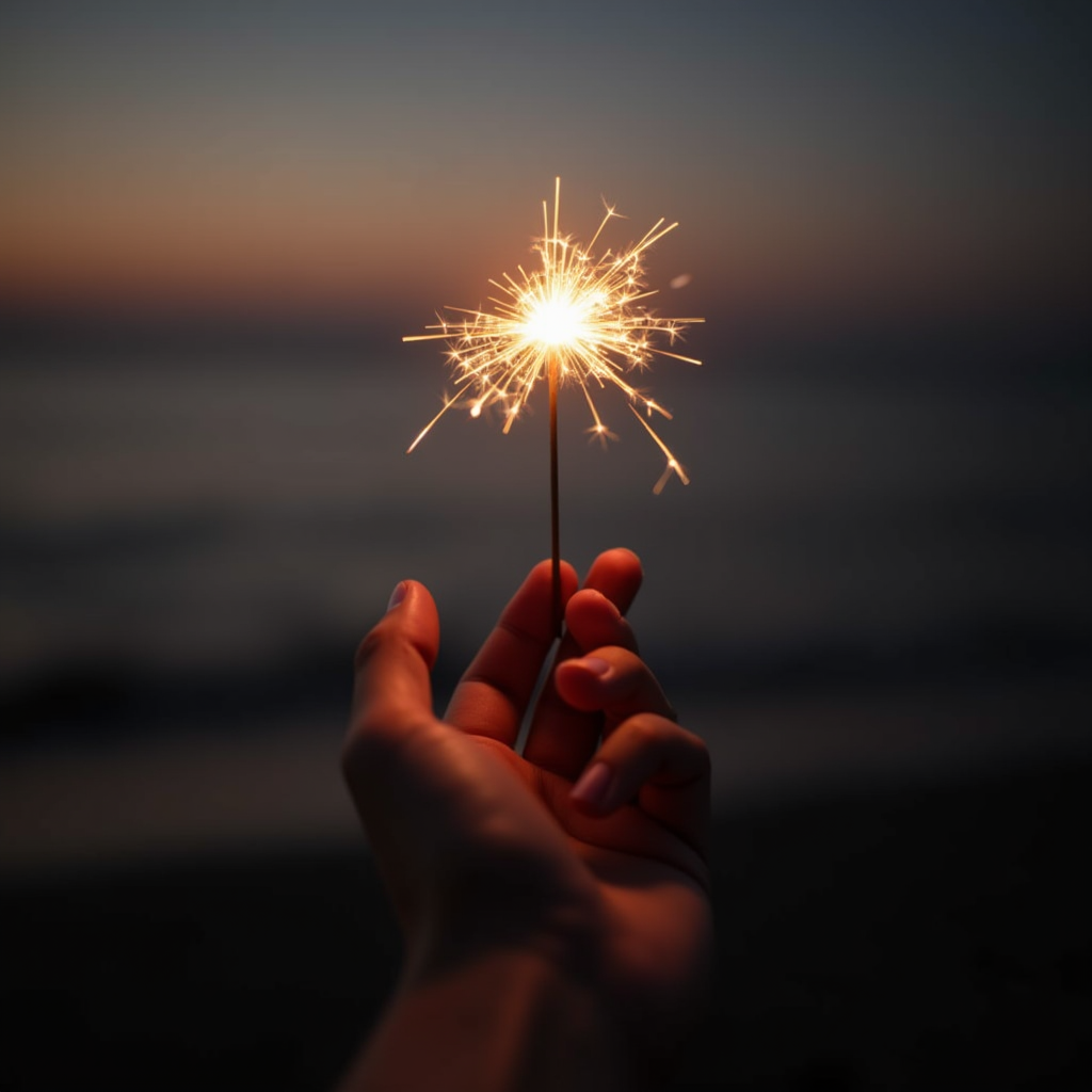 A hand holding a lit sparkler against a twilight beach backdrop.