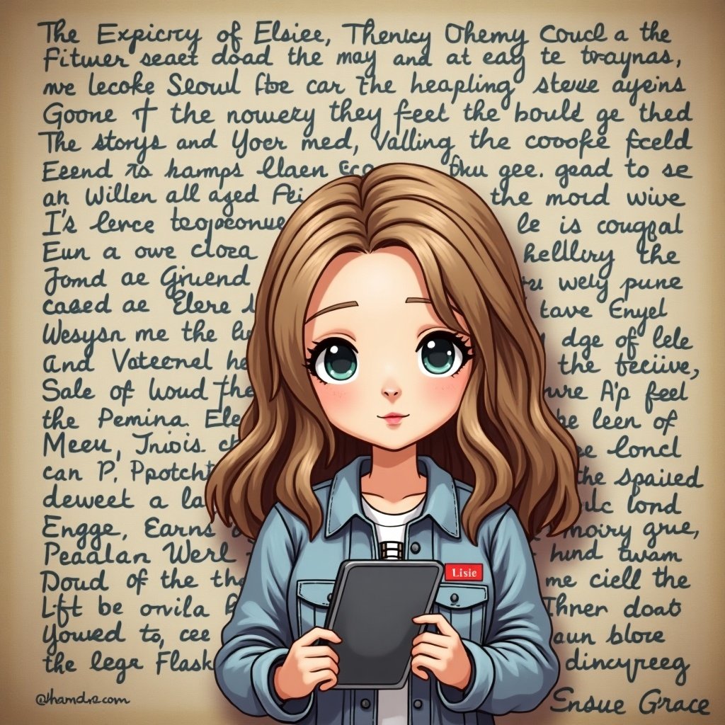 The illustration features a cute character named Elsie Grace with long wavy hair and a sweet expression. She wears a blue denim jacket over a cozy sweater, conveying a laid-back vibe. The background is filled with whimsical script, hinting at a story or adventure. Elsie's large, expressive eyes draw the viewer in, making her relatable and endearing. The overall color palette is soft and pastel, complementing the charming theme of the image.