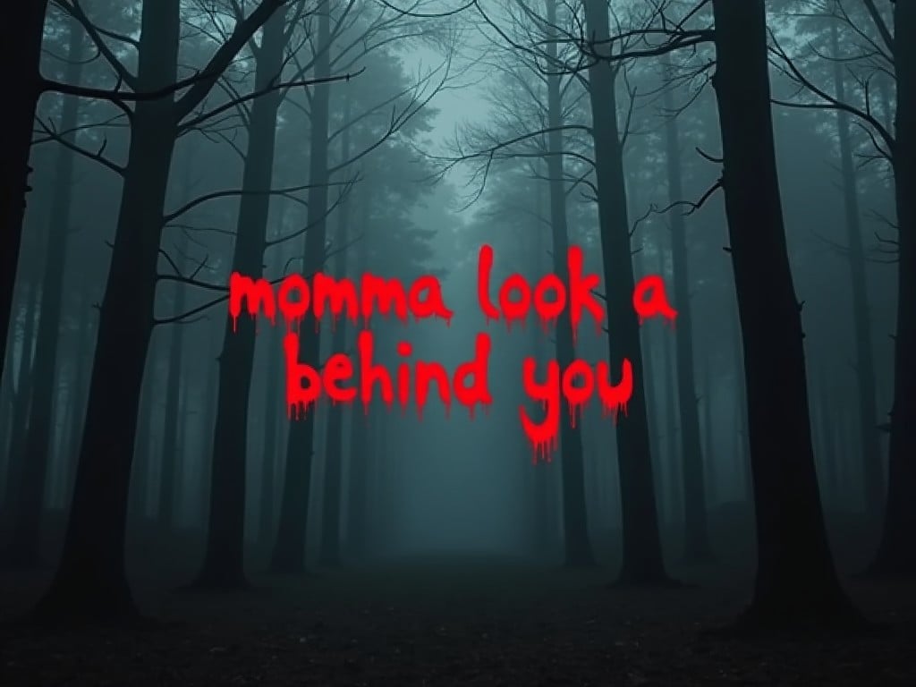 This image features a dark, foggy forest setting that creates a moody and eerie atmosphere. In the center, bold text reads 'momma look a foozy behind you' in a bloody red font, adding a frightful element to the scene. The trees stand tall and dark, silhouetted against the mist that envelops the background. The overall tone is haunting and unsettling, ideal for conveying a sense of fear or suspense. This composition would work well for any horror-themed project or promotional piece.