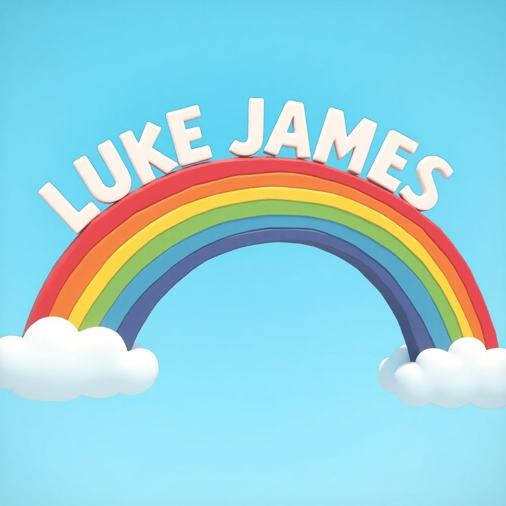 The image features a bright and cheerful rainbow arching across a clear sky. Above the rainbow, the names 'Luke' and 'James' are displayed in bold, playful letters. The rainbow consists of vibrant colors: red, orange, yellow, green, blue, and purple, with fluffy white clouds on either side. This design is ideal for children's themes and celebrations. It evokes feelings of joy and imagination, perfect for invitations or educational materials.