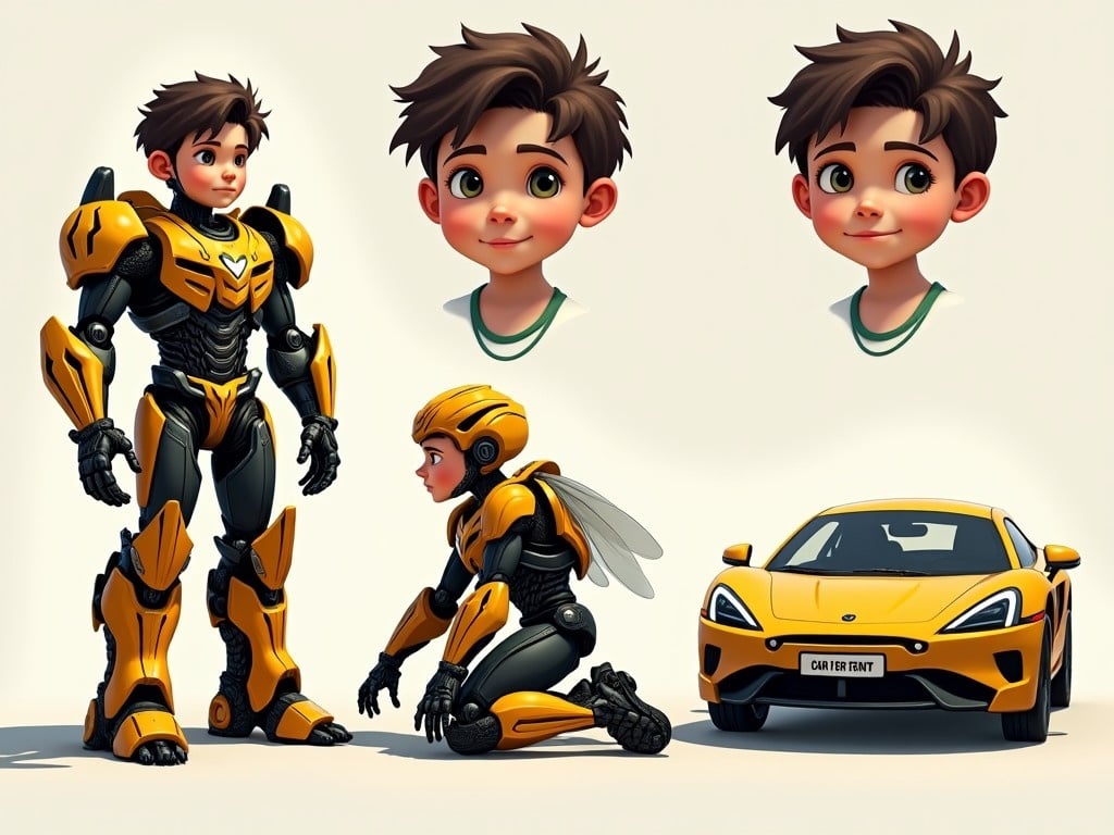 The image illustrates a young teenage boy in various stages of transformation. To the left, he stands confidently in bulky Bumblebee armor, showcasing intricate detailing. In the center, the boy kneels on all fours, halfway through his transformation, with parts of armor and a sports car visible. On the right, he has completely transformed into a vibrant yellow Bumblebee sports car, marked with a 'Car for Rent' plate. Above these sections, his large facial expressions change to capture the excitement and determination at each stage.