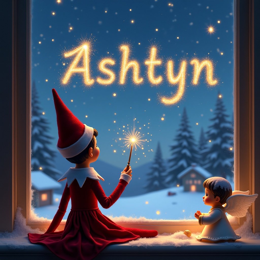 The image features an elf on the shelf sitting on a windowsill. The elf, adorned in a classic red suit, is turned away from the viewer, gazing at the enchanting night sky. It holds a sparkly wand, crafting the name 'Ashtyn' in shimmering letters. Outside the window, a serene winter landscape unfolds, blanketed in soft snow. Twinkling lights from nearby houses add to the festive atmosphere, filling the scene with a sense of Christmas magic. An angel, perched beside the elf, observes the enchanting moment. This idyllic scene captures the essence of holiday wonder and joy.