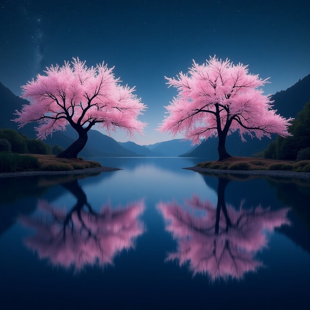 The image features a serene lake at night, illuminated by a soft glow from the stars above. On either side of the lake, two magnificent cherry blossom trees stand tall, their blossoms a vibrant pink against the dark backdrop. The trees reflect beautifully in the calm waters, creating a symmetrical composition. The surrounding mountains add depth to the scene, enhancing the tranquil atmosphere. This peaceful landscape invites viewers to experience nature's beauty under a starry sky.