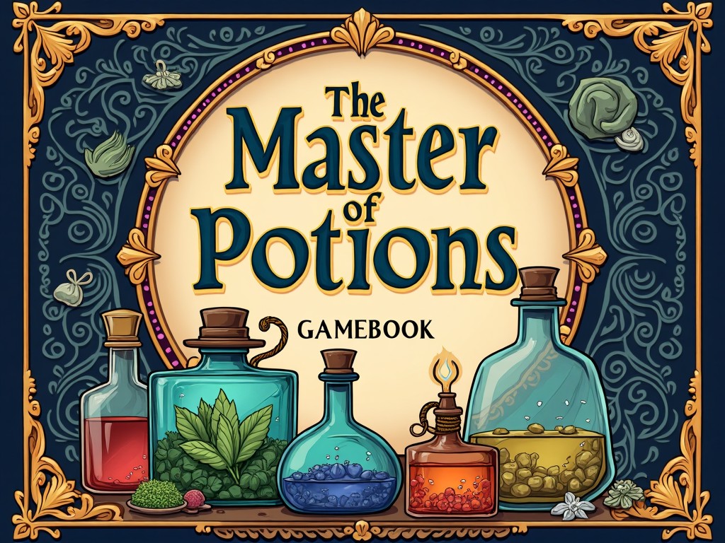 This image is the cover of a gamebook titled 'The Master of Potions.' It features an ornate design with colorful bottles filled with different potions. The title is prominently displayed in a decorative font that suggests a whimsical yet ancient style. Surrounding the central design are small botanical elements, enhancing the theme of potion-making. The overall aesthetic is vibrant and inviting, appealing to fans of fantasy and adventure games.