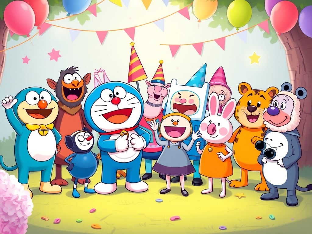 This vibrant and lively image features a group of animated characters joyfully gathered at a celebration. The scene is set in an outdoor environment decorated with colorful balloons and flags. The characters are diverse, each with unique features, expressions, and outfits. The cheerful atmosphere is enhanced by the bright and vivid colors used throughout.