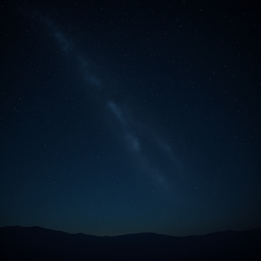 This image depicts a serene night sky filled with numerous white dots representing stars. The background is predominantly dark, allowing the stars to stand out brightly. There are no clouds or other distractions in the sky, emphasizing the vastness of space. The lower portion of the image shows a dim silhouette of mountains against the night sky. The overall composition invites viewers to contemplate the beauty of the universe.