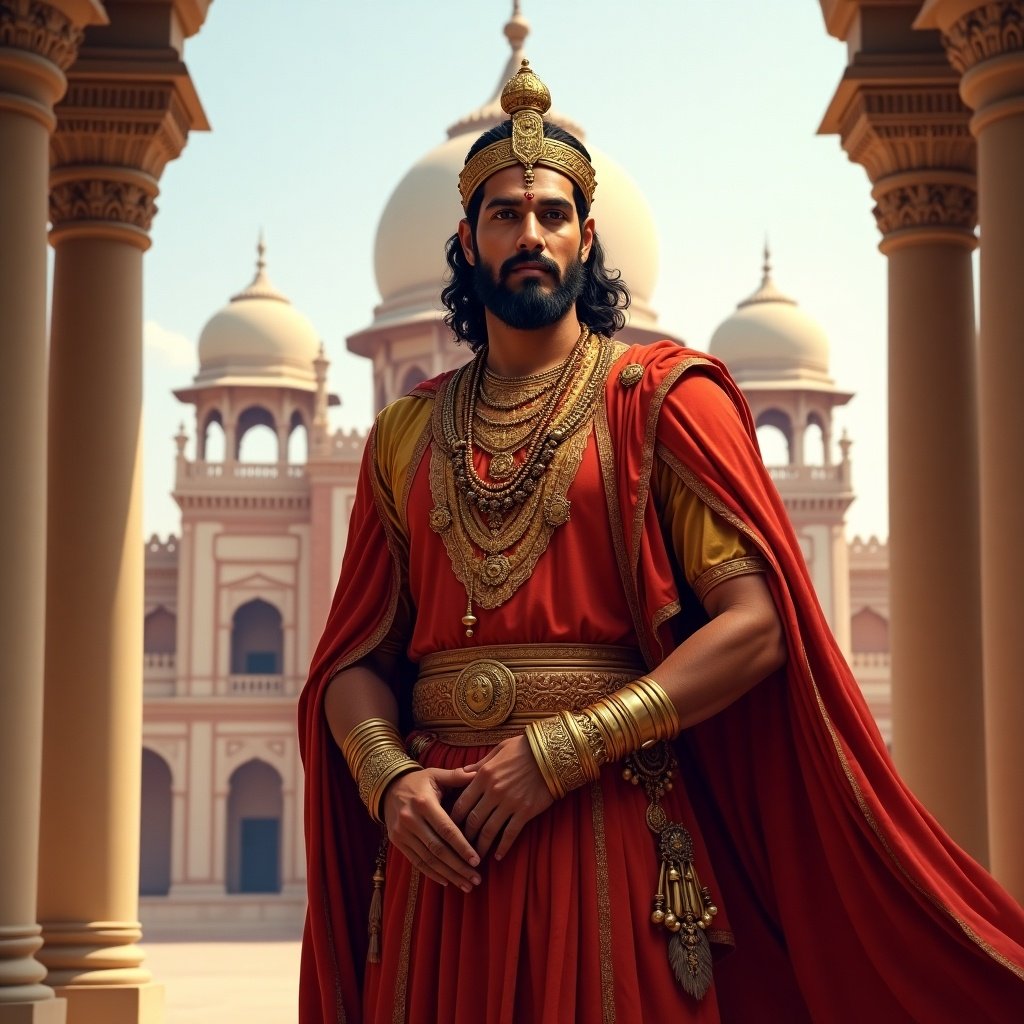 The image showcases a wise king, Vikramaditya, standing majestically in front of a grand palace. He is adorned in rich, ornate attire featuring intricate designs and gold embellishments. The palace behind him reflects traditional Indian architecture with tall pillars and dome structures. His expression is calm and dignified, exuding wisdom and authority. The color scheme is vibrant, with reds and golds dominating the frame, enhancing the royal theme.