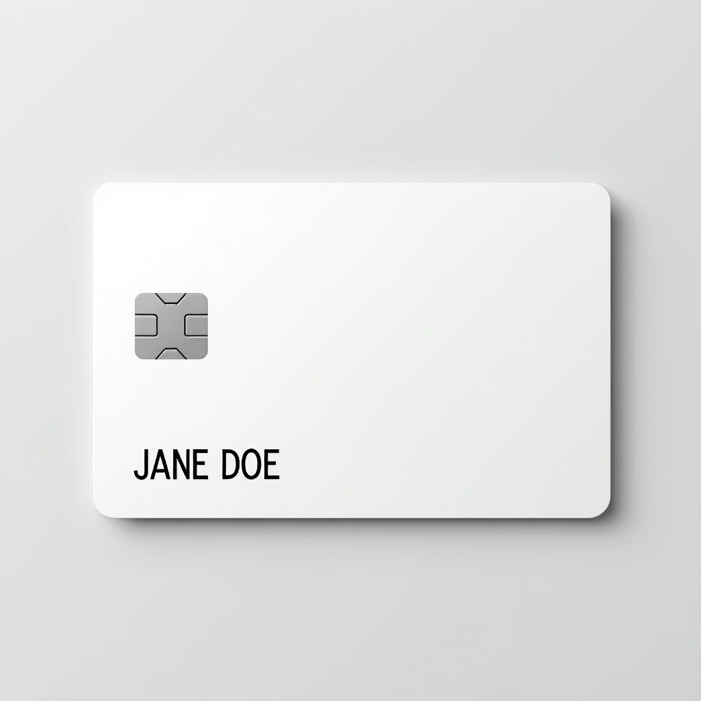 This image features a plain white credit card with a minimalist design. The name 'JANE DOE' is printed prominently on the card. There is a small chip in the upper left corner of the card. The background is soft and neutral, emphasizing the simplicity of the card. This image represents modern financial solutions and identity in banking.