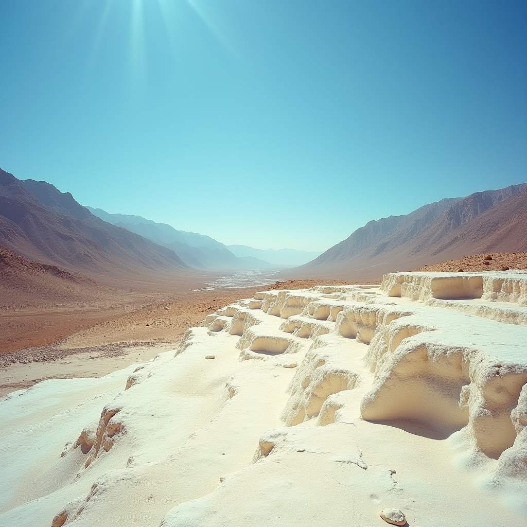 A sunlit desert landscape with white rock formations overlooking a vast valley.