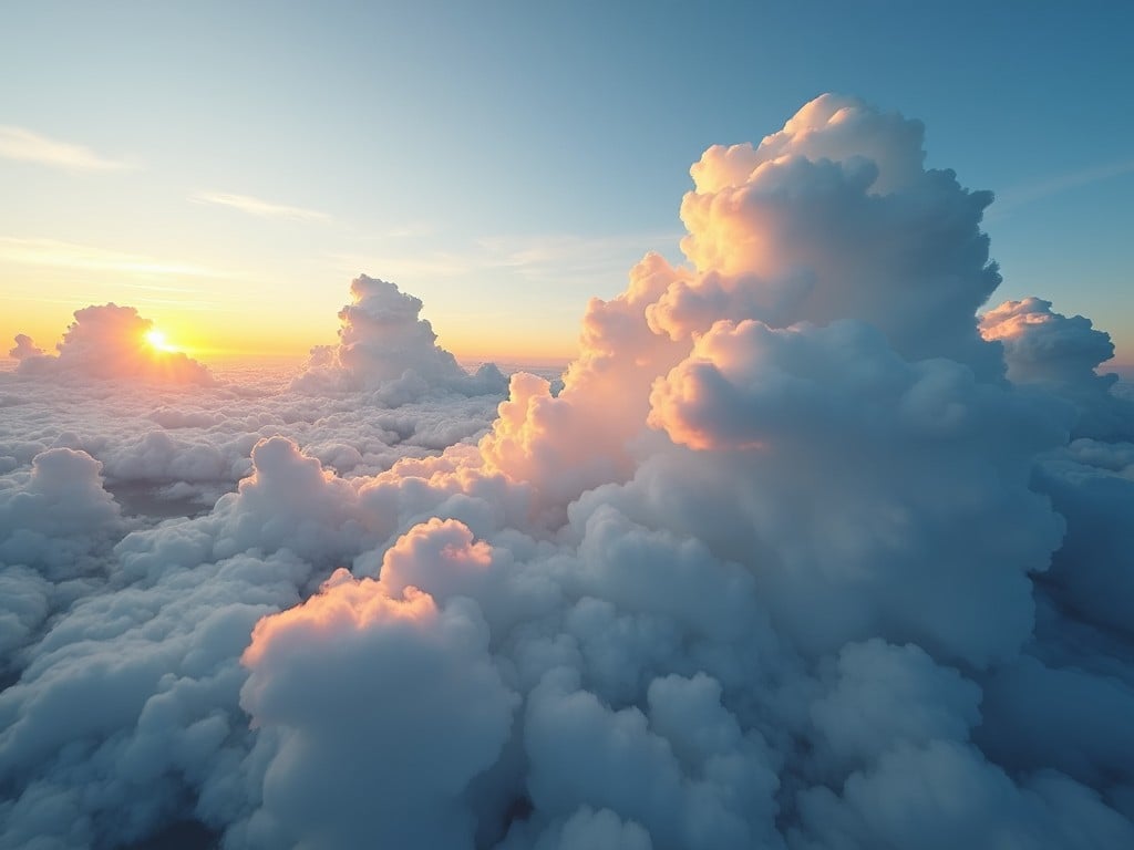 The image showcases a breathtaking aerial view of fluffy clouds illuminated by the soft glow of a sunrise. The sky is painted in soft pastel colors, blending whites and peaches, creating a peaceful atmosphere. The composition invites viewers to feel a sense of tranquility and wonder. The sun peeks out from behind a cluster of clouds, casting gentle light. This visual captures the beauty of nature and evokes feelings of hope and serenity.