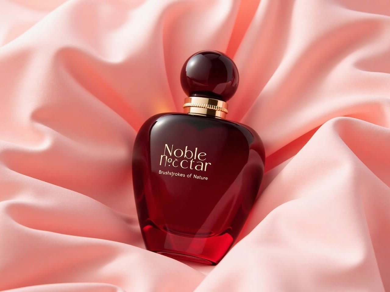 This image features a luxurious perfume bottle named 'Noble Nectar' resting on soft pink fabric. The bottle has a rich deep red color and a classic design, accented by a round topper. It carries the label 'Brushstrokes of Nature', suggesting the use of natural ingredients. The soft, diffused lighting elegantly highlights the contours, enhancing its sophisticated appearance. This composition radiates a sense of luxury, ideal for high-end fragrance marketing.