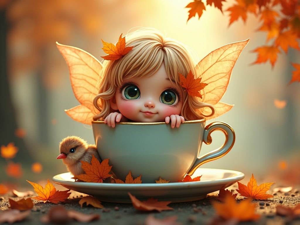 A cute fairy with large eyes and leaf wings sitting in a teacup, surrounded by autumn leaves, digital illustration, whimsical, fantasy art.