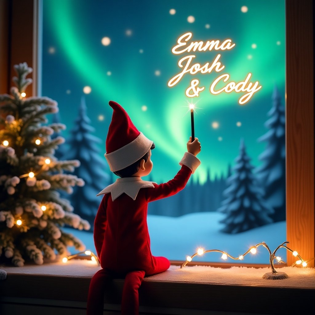 This image captures an enchanting Christmas scene with an elf on the shelf. The elf, dressed in red and white, is seen from the back, facing the vibrant sky filled with northern lights. He wields a magic wand, writing 'Emma', 'Josh', and 'Cody' in glowing script above him. The view is framed by a festive window setting, complete with a Christmas tree and twinkling lights. This whimsical illustration showcases the magic and joy of the holiday season, evoking feelings of wonder and excitement in viewers.