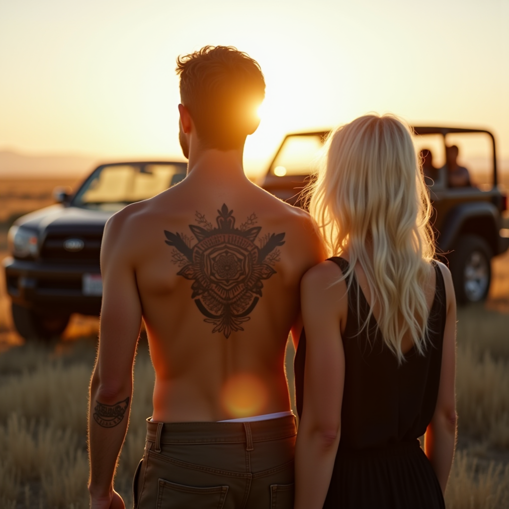 A couple stands together at sunset with SUVs in a grassy field.