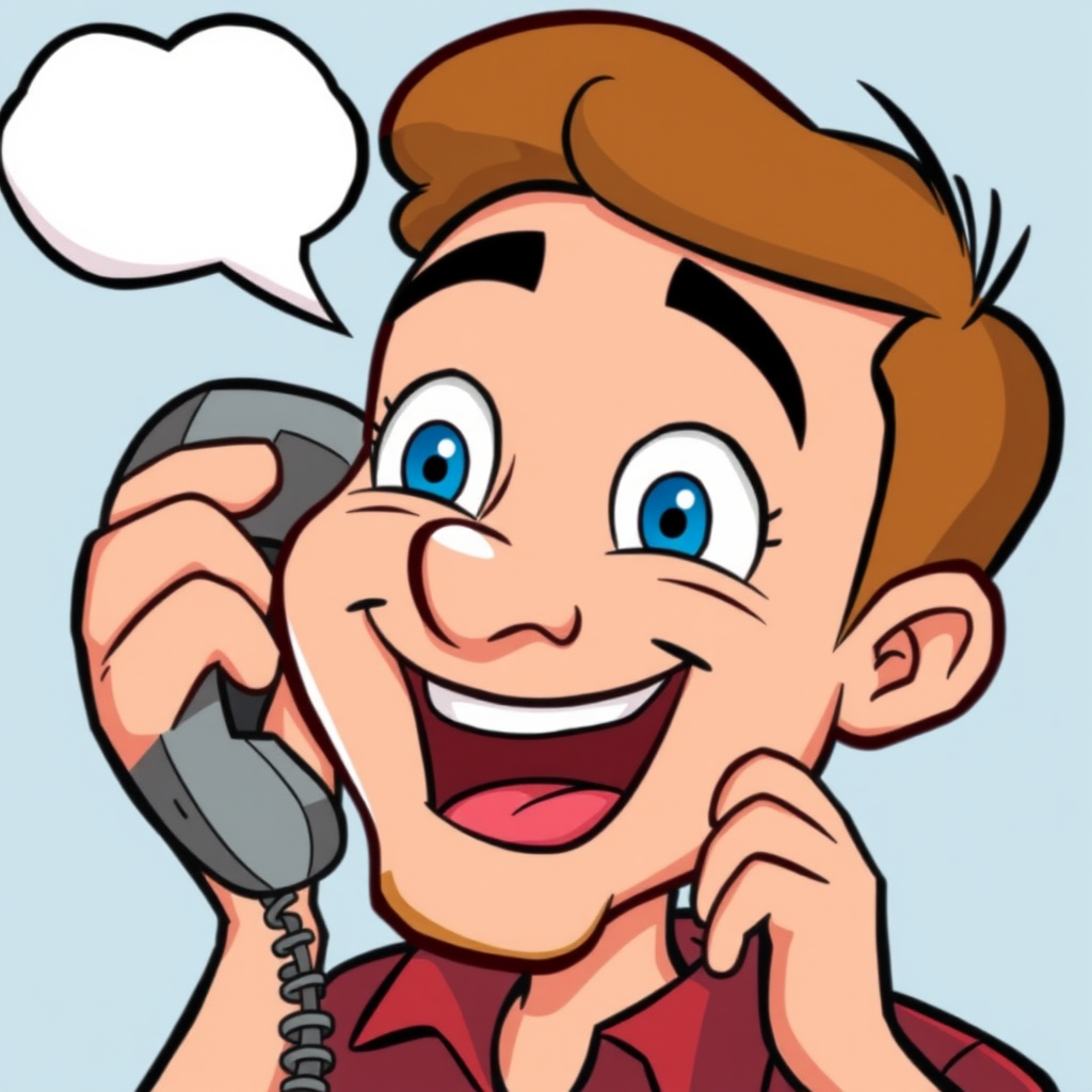 A cartoon man with brown hair is happily talking on a phone with an empty speech bubble above.