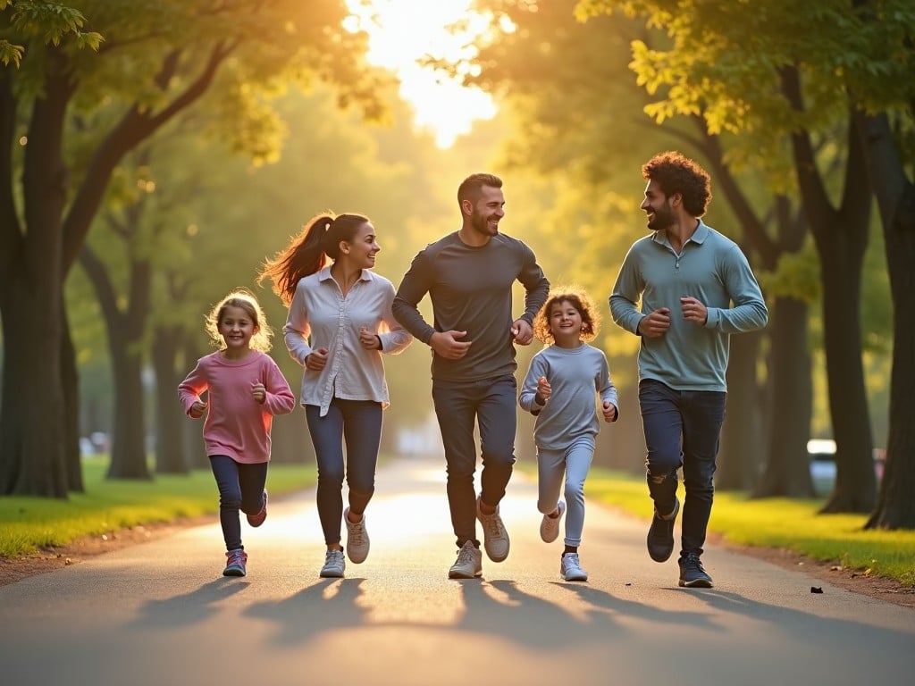 A family is enjoying a run together in a park during sunset. The scene showcases five people, including children and adults, smiling and laughing as they jog on a tree-lined pathway. Sunlight filters through the leaves, creating a warm, welcoming atmosphere. Everyone is dressed in casual sportswear, emphasizing their activity. The background is filled with lush greenery, enhancing the joy of outdoor exercise and family bonding.