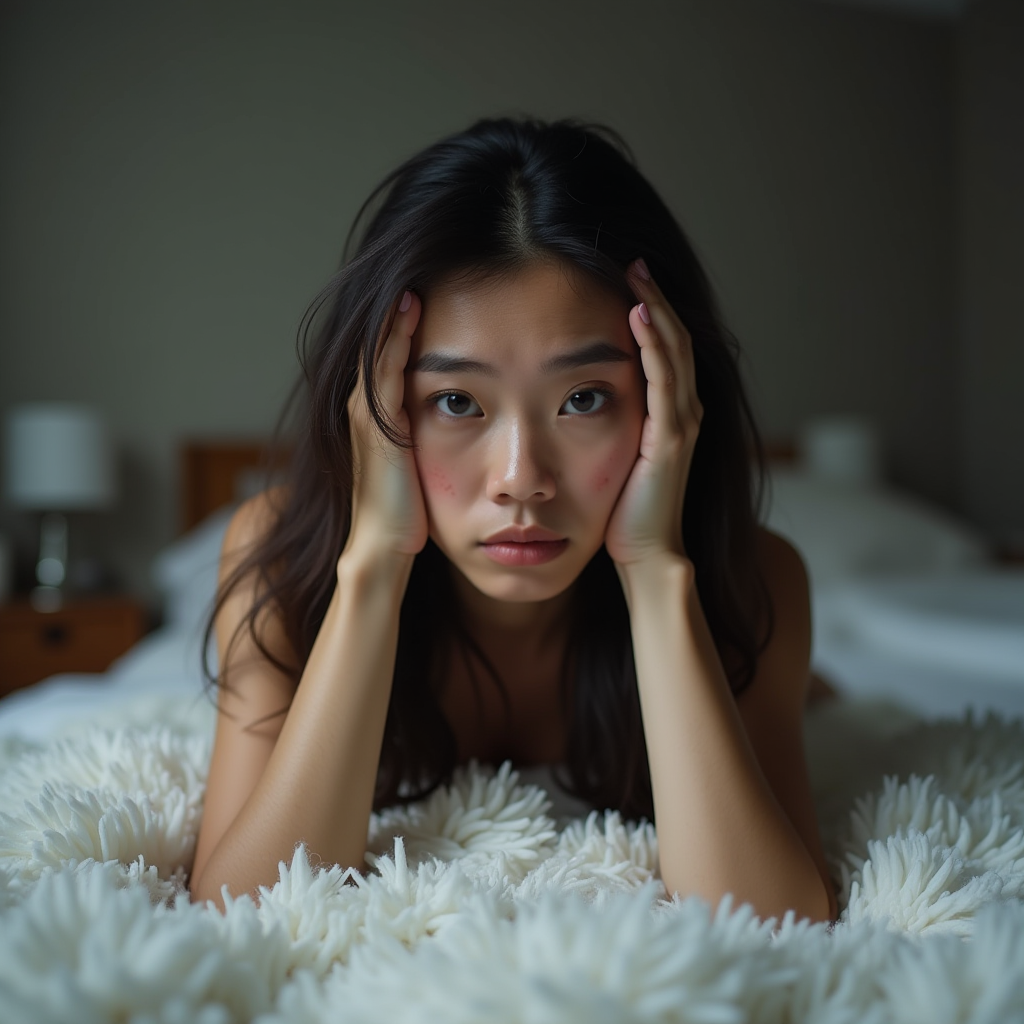 A person with long dark hair rests their head on hands, lying on a fluffy white surface with a thoughtful expression.