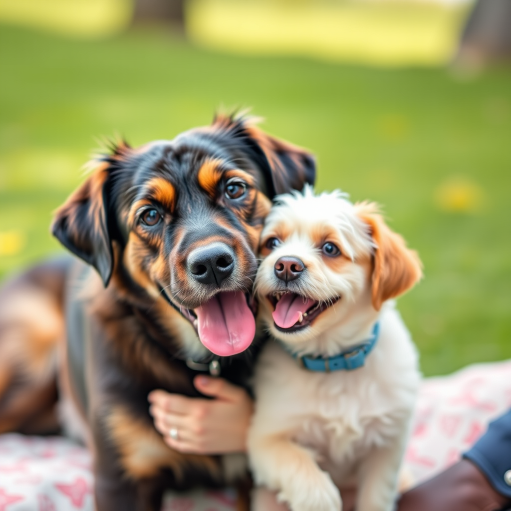 Two happy dogs with tongues out sitting close together on a colorful blanket outdoors.