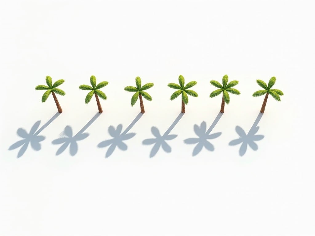 This image showcases a minimalist arrangement of palm trees against a pure white backdrop. A single row of identical palm trees is evenly spaced at the top section. Each tree features vibrant green leaves atop brown trunks. A bright light source positioned directly above causes sharp shadows to cast downward. The shadows are long and well-defined, creating a striking visual contrast on the white background. This imagery is ideal for evoking a tropical or relaxing theme.