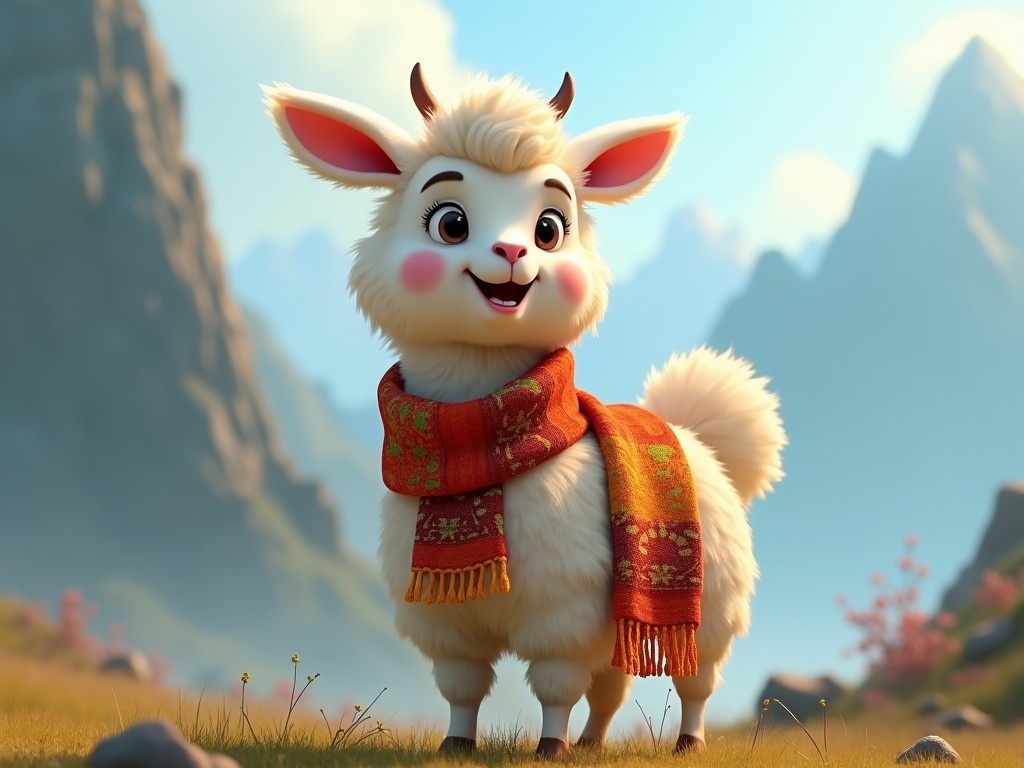 The image depicts a joyful young female llama who frolics in the misty mountains. She wears a colorful scarf adorned with woven patterns that narrate tales of her adventures. The cheerful appearance adds charm, making her an appealing character for children. Soft lighting brings out the details of her fluffy coat and bright eyes. The background features distant mountains and hints of nature, setting a magical, adventure-filled scene.