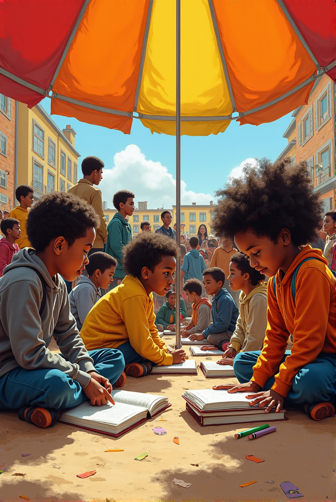 Children are sitting on the ground under a large colorful umbrella, reading and interacting with books, in a lively outdoor setting.