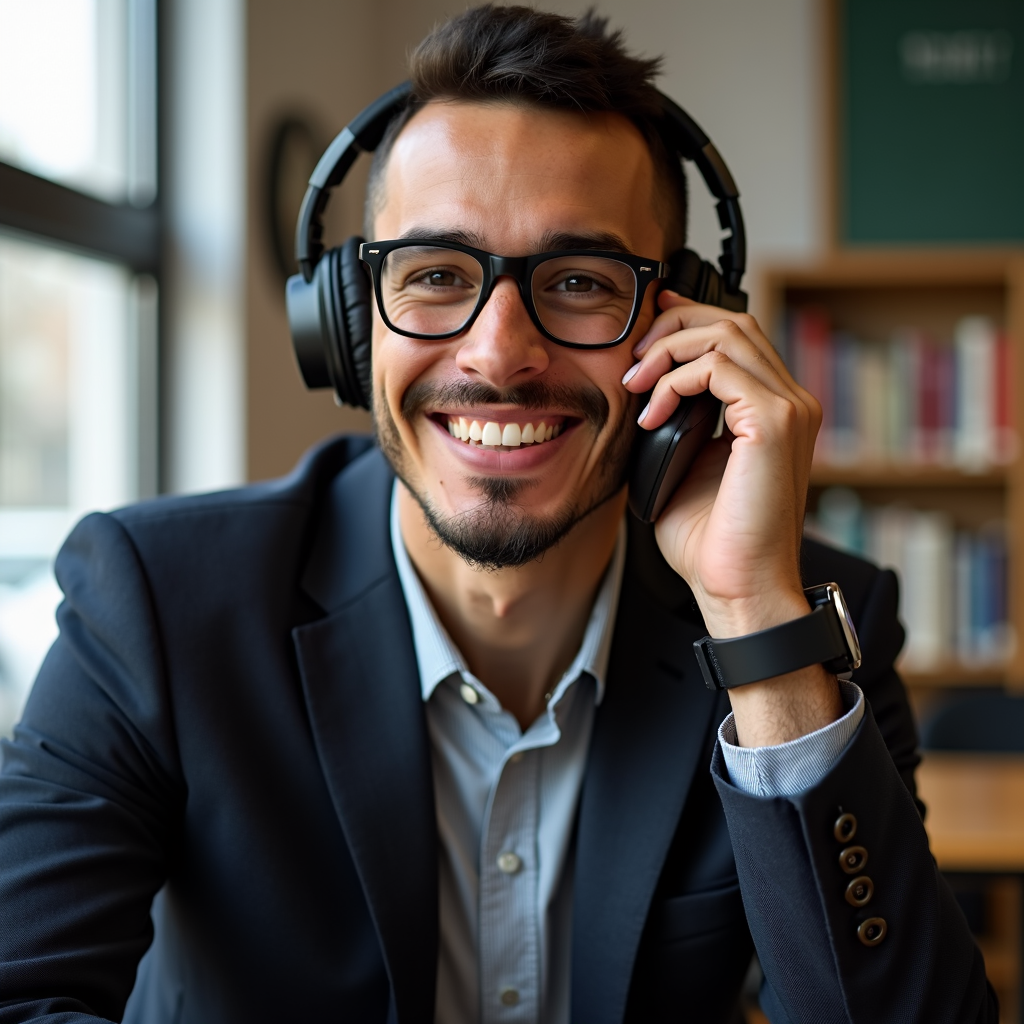 A smiling man in a suit, wearing headphones, engaged in a call at a library.