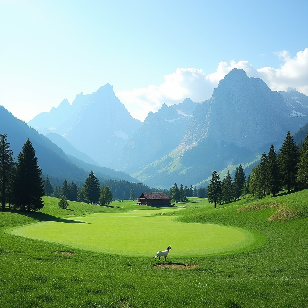 A lone goat grazes on a verdant hillside with majestic mountains in the background.