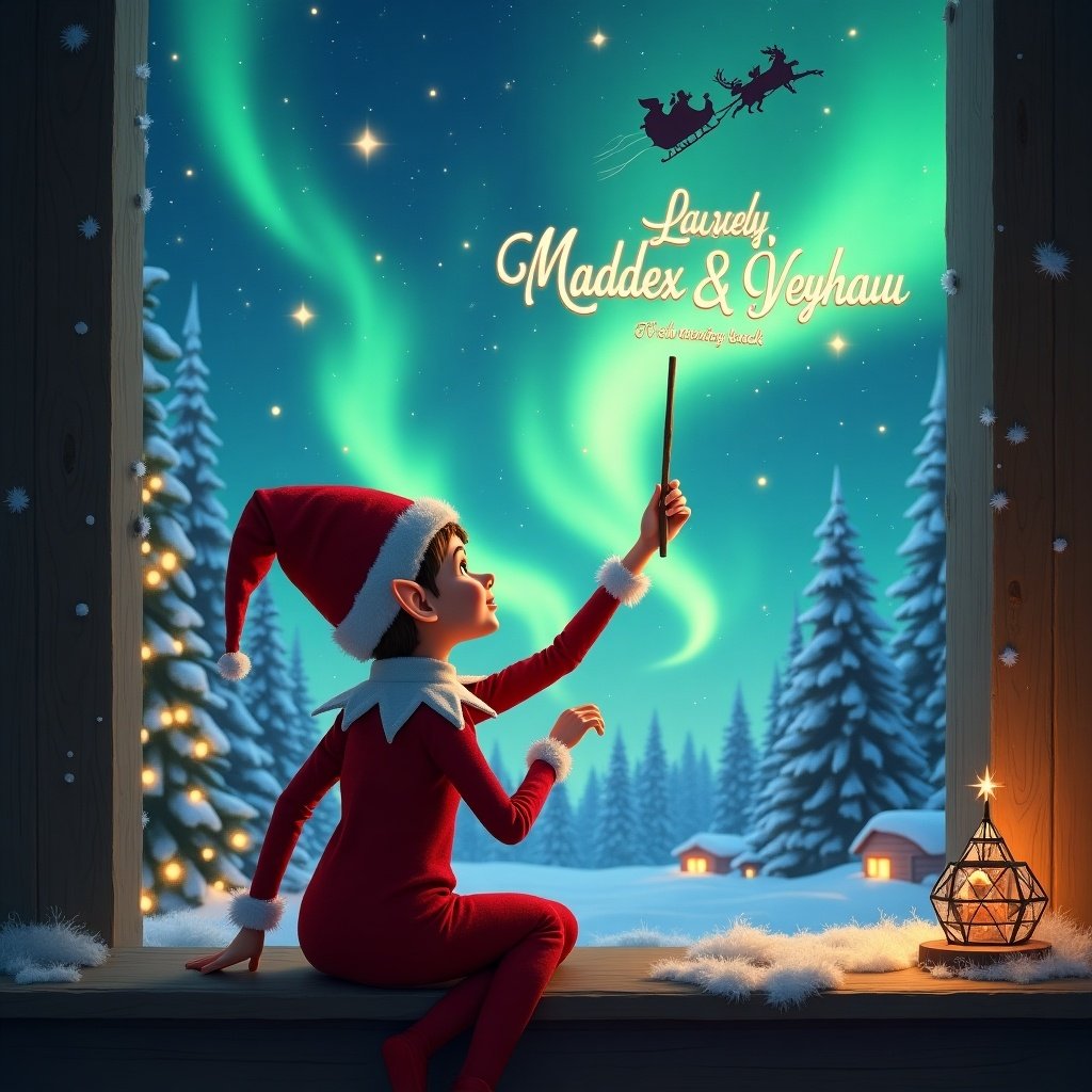 The image features an elf on the shelf, seated with his back to the viewer. He is gazing up at the night sky, using a wand to write the message 'Lacey, Maddex, & Veyah I’m coming back' amidst a backdrop of flowing northern lights. The setting is a cozy cabin window, with snow-covered trees and small wooden houses in the distance. The elf's red and white outfit accentuates the festive atmosphere, while the magical glow from the aurora borealis illuminates the scene. Santa’s sleigh can be seen in the sky, adding a whimsical touch to the artwork.