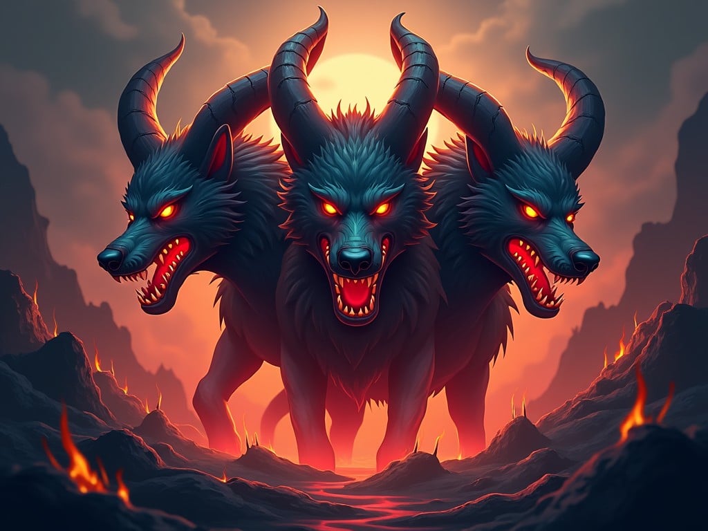 This artwork features a stylized representation of Cerberus, the mythical three-headed dog. The creature stands menacingly against a fiery backdrop that symbolizes the underworld. Each of Cerberus's heads has red glowing eyes, conveying a sense of danger and power. The scene is further enhanced by a dramatic lighting effect, creating an eerie atmosphere. This image would be suitable for use in a gaming clan, representing strength and resilience in the face of challenges.