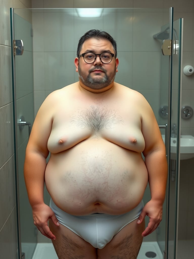 A person in a bathroom posing confidently while wearing underwear.