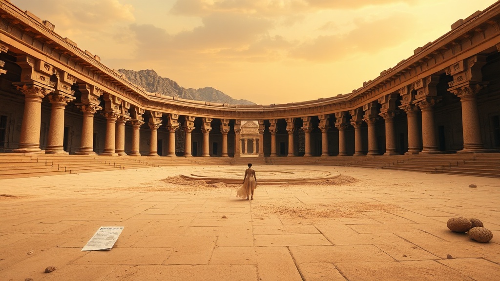 A single figure walks through a vast, ancient circular courtyard with tall columns under a sepia sky.