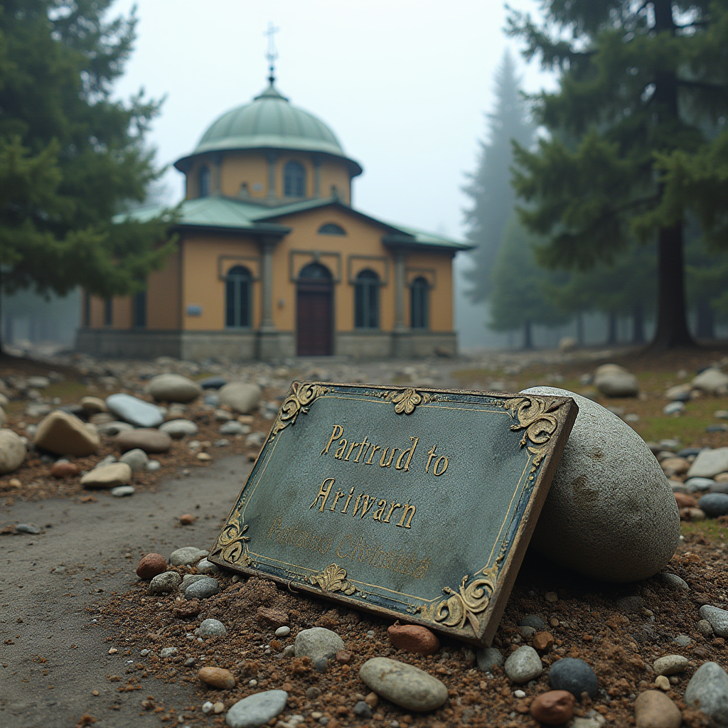 A weathered sign lies on a rocky path leading to a historic church amidst a misty forest backdrop.