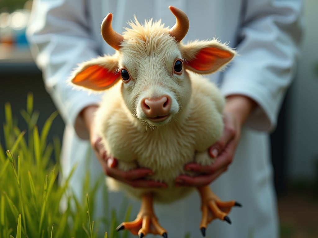 This captivating image features a mythical creature with the adorable features of a calf but with bird-like claws and a small set of horns. Held gently by a human dressed in white, the creature is in sharp focus, drawing attention with its large, expressive eyes. The soft lighting and natural setting with greenery in the foreground add to the whimsical and enchanting feel of the image.