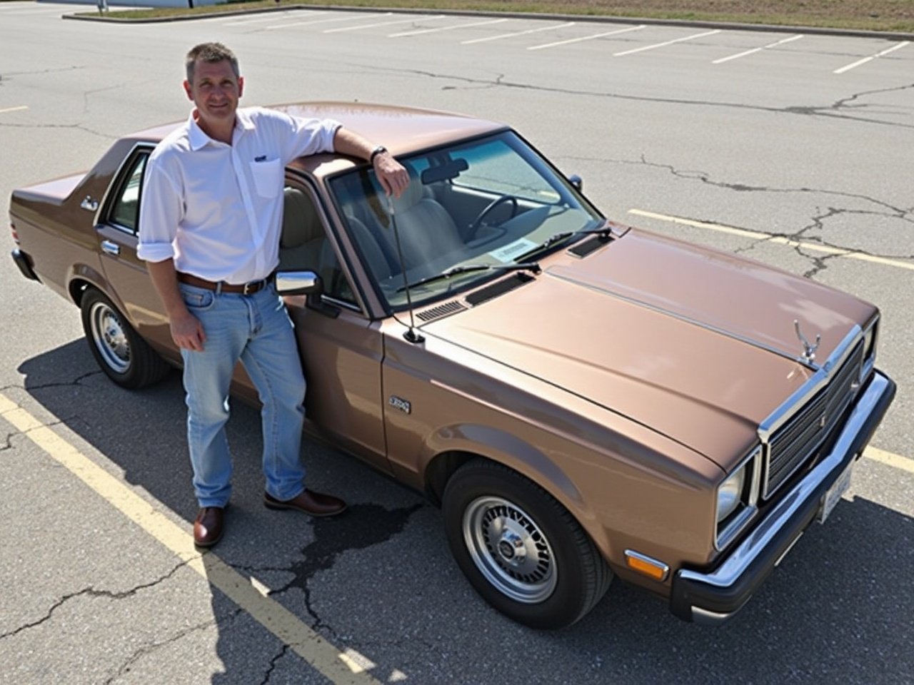 The image shows a man standing next to a brown sedan parked in a seemingly empty parking lot. He is dressed in a white shirt and light blue jeans, looking at the camera with a neutral expression. The car has a classic design and is parked diagonally, taking up two spaces. The parking lot has a few visible cracks and appears to have no cars nearby, suggesting it might be an off-peak time. The sunlight is bright, indicating a clear day.