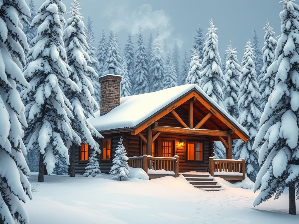 A cozy wooden cabin is nestled among snow-covered pine trees in a tranquil winter landscape. Warm light emanates from the windows, contrasting beautifully with the cold, white snow that blankets the scene. The snow on the trees and ground adds to the serene and peaceful atmosphere of the setting.