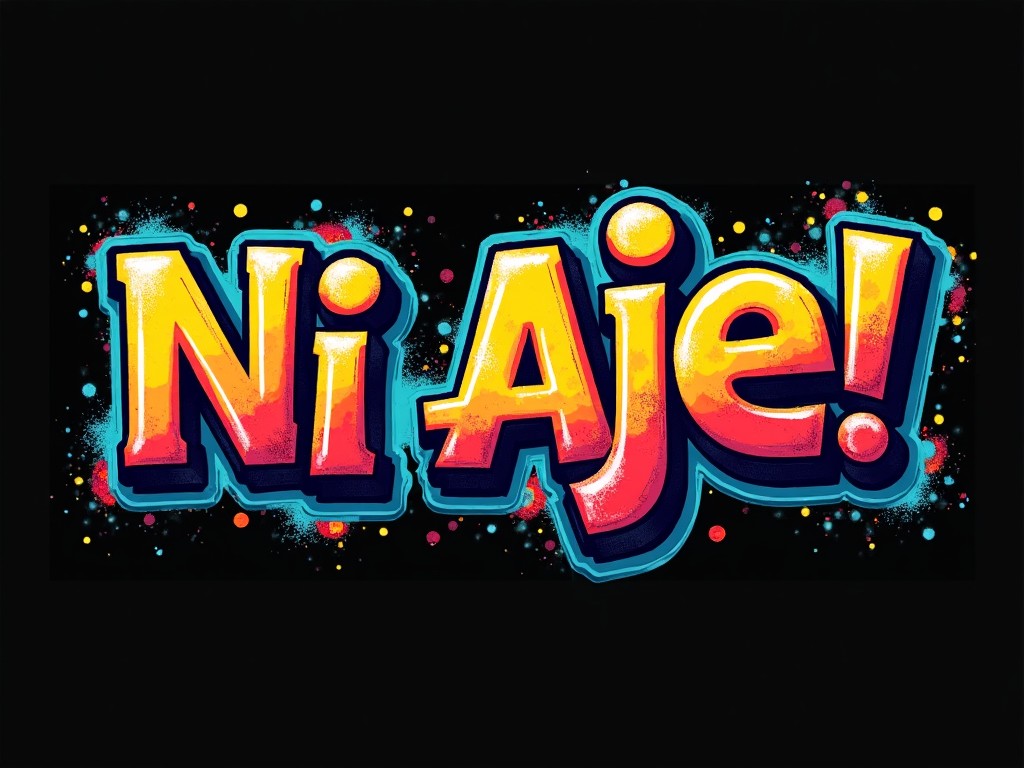 The image showcases the phrase 'Ni Aje!' prominently displayed in a playful and colorful typography style. The background is solid black, making the bright colors of the text pop. The letters are rendered in bold orange and yellow tones, with artistic embellishments that add depth. This design evokes a lively and energetic feeling, suitable for street art and cultural events. The use of vibrant colors and creative fonts makes it eye-catching and engaging to viewers.