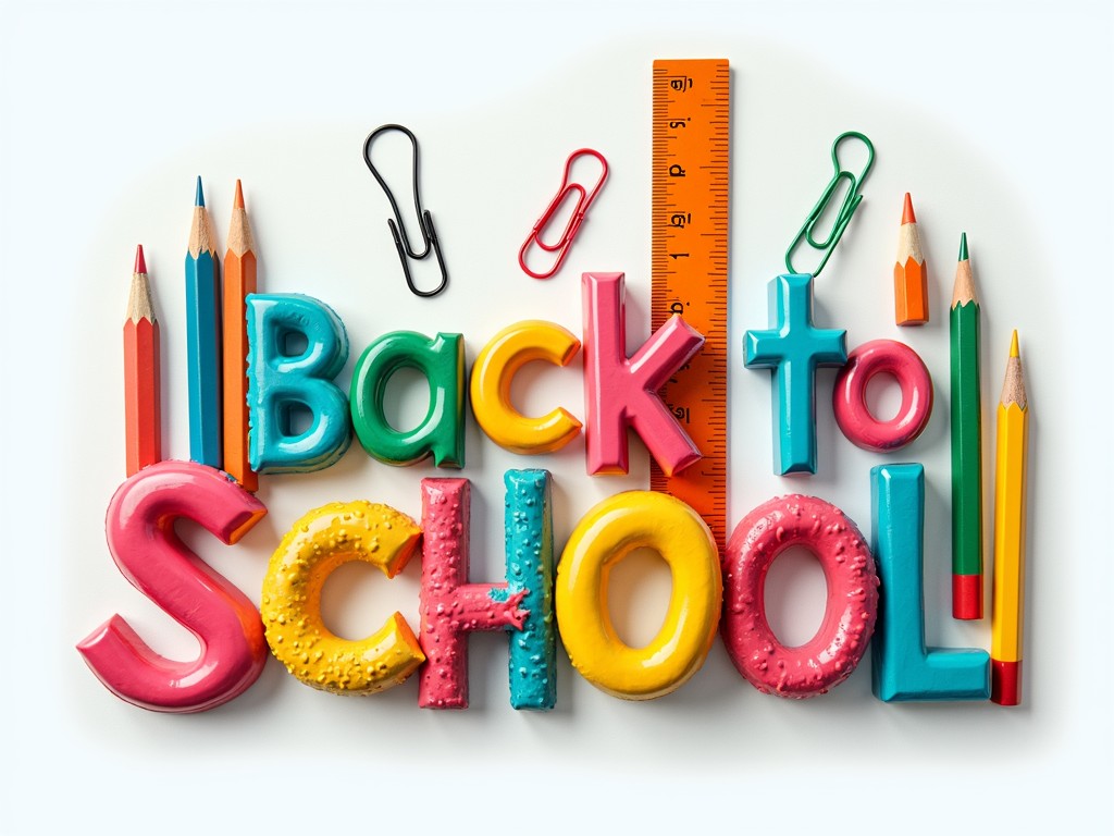 The image depicts the words 'Back to School' in bold, colorful letters, surrounded by school supplies like pencils, paper clips, and a ruler. Each letter is designed in different vibrant colors and textures, creating a playful and welcoming atmosphere that captures the excitement of returning to school.